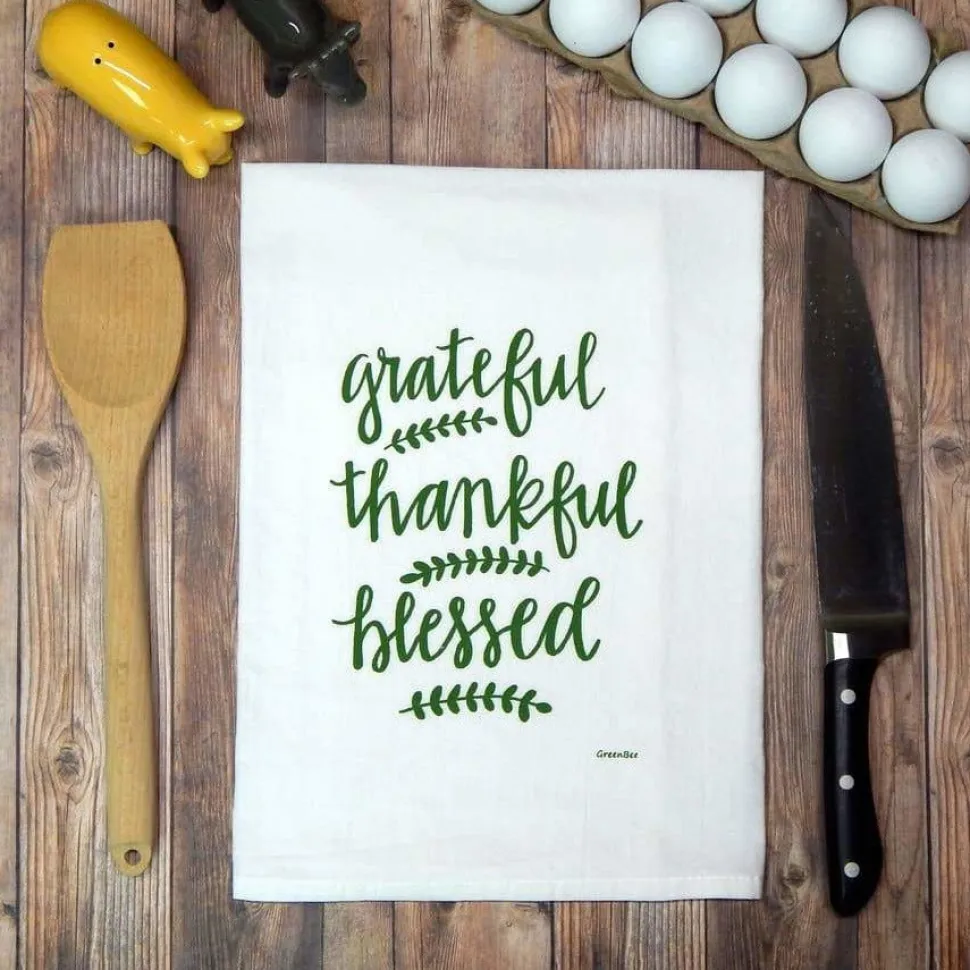 Grateful, Thankful, Blessed Handprinted White Flour Sack Tea Towel with Hanging Loop