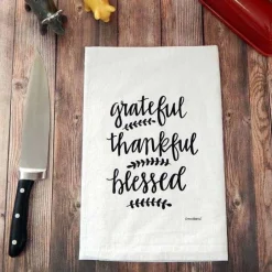 Grateful, Thankful, Blessed Handprinted White Flour Sack Tea Towel with Hanging Loop