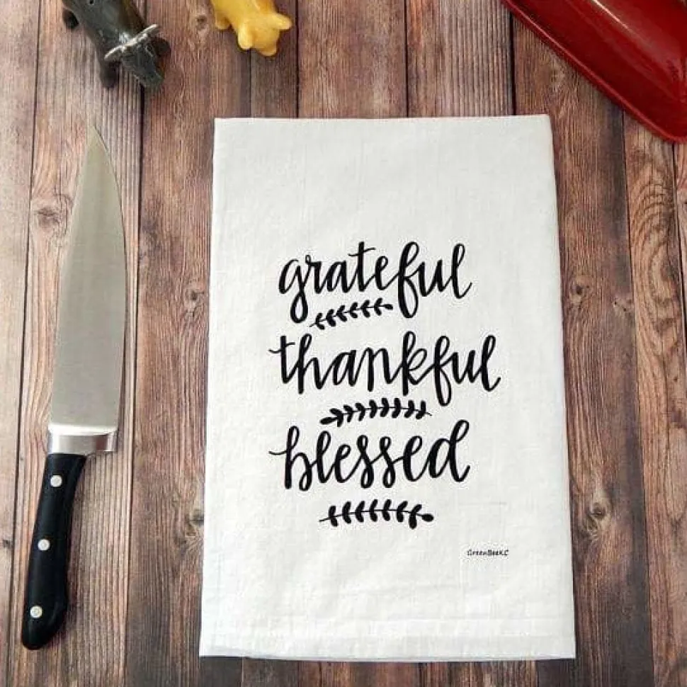 Grateful, Thankful, Blessed Handprinted White Flour Sack Tea Towel with Hanging Loop