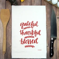 Grateful, Thankful, Blessed Handprinted White Flour Sack Tea Towel with Hanging Loop