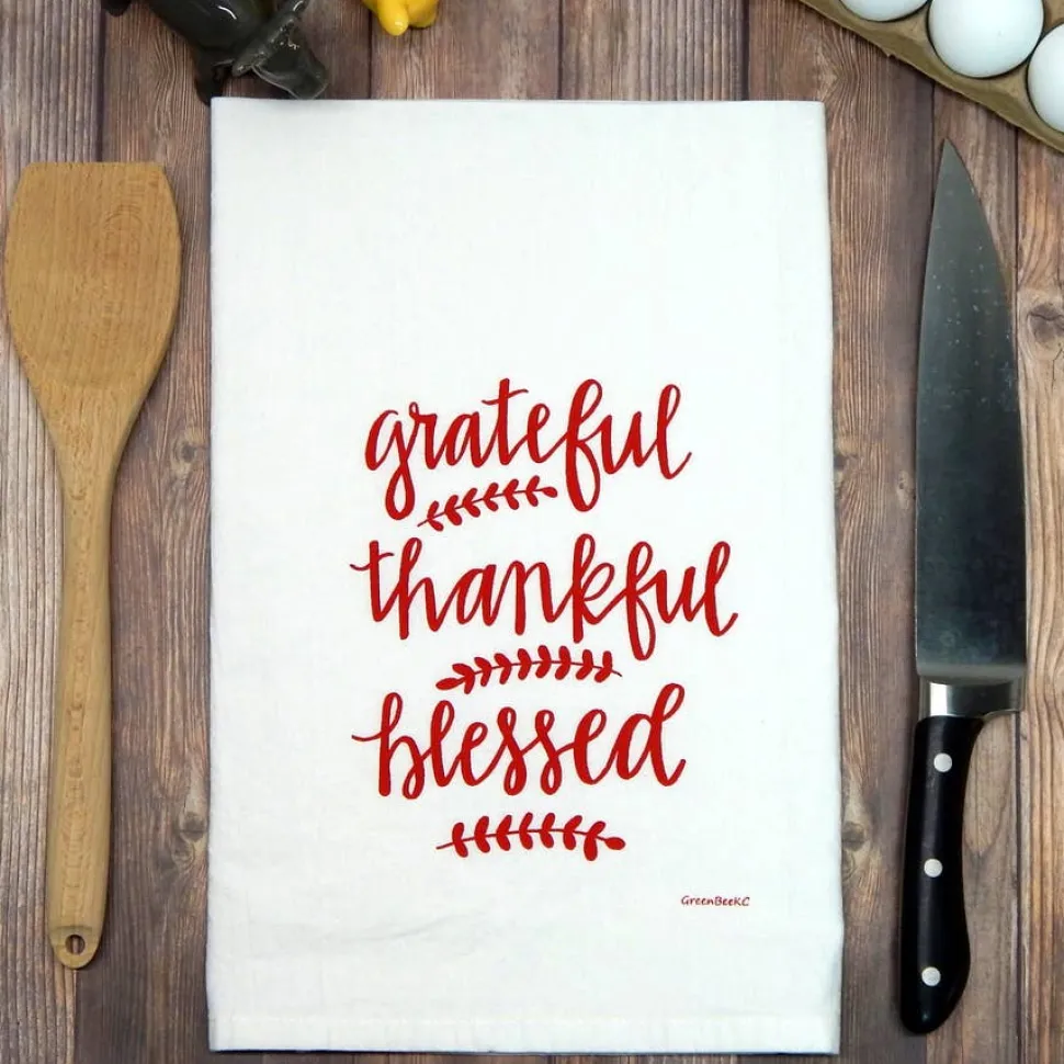 Grateful, Thankful, Blessed Handprinted White Flour Sack Tea Towel with Hanging Loop