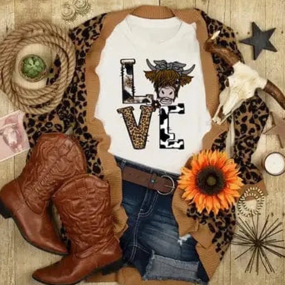 Gray Highland Cow LOVE T Shirt