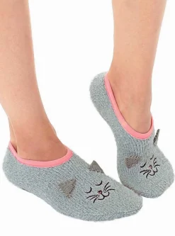 Grey Kitty Cat Fuzzy Footie Slipper Socks With Grips