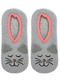Grey Kitty Cat Fuzzy Footie Slipper Socks With Grips