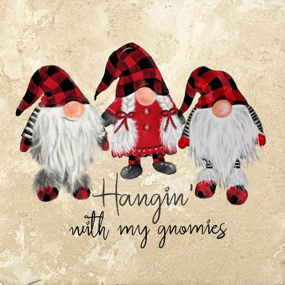 Hangin' with My Gnomies Christmas by Krebs - Set of 4, 4" Travertine Coasters - Three Gnomes