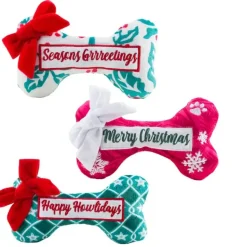 Happy Pawlidays! Med Christmas Plush Dog Bone Toys with Squeakers
