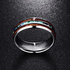 Hawaiian Koa Wood and Abalone Shell Ring with Tungsten Carbide for Men, Comfort Fit Sizes 5-14