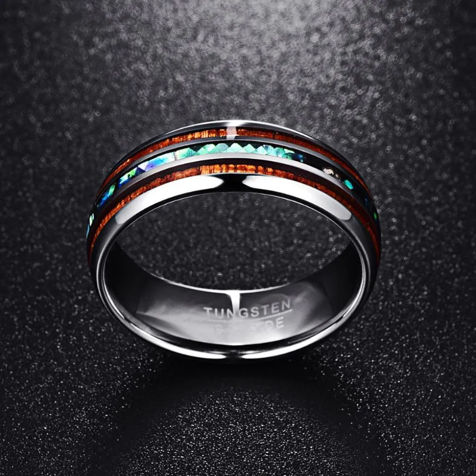 Hawaiian Koa Wood and Abalone Shell Ring with Tungsten Carbide for Men, Comfort Fit Sizes 5-14