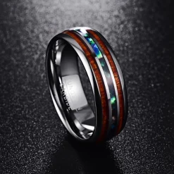 Hawaiian Koa Wood and Abalone Shell Ring with Tungsten Carbide for Men, Comfort Fit Sizes 5-14