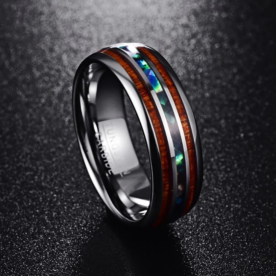 Hawaiian Koa Wood and Abalone Shell Ring with Tungsten Carbide for Men, Comfort Fit Sizes 5-14