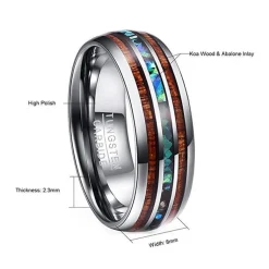 Hawaiian Koa Wood and Abalone Shell Ring with Tungsten Carbide for Men, Comfort Fit Sizes 5-14