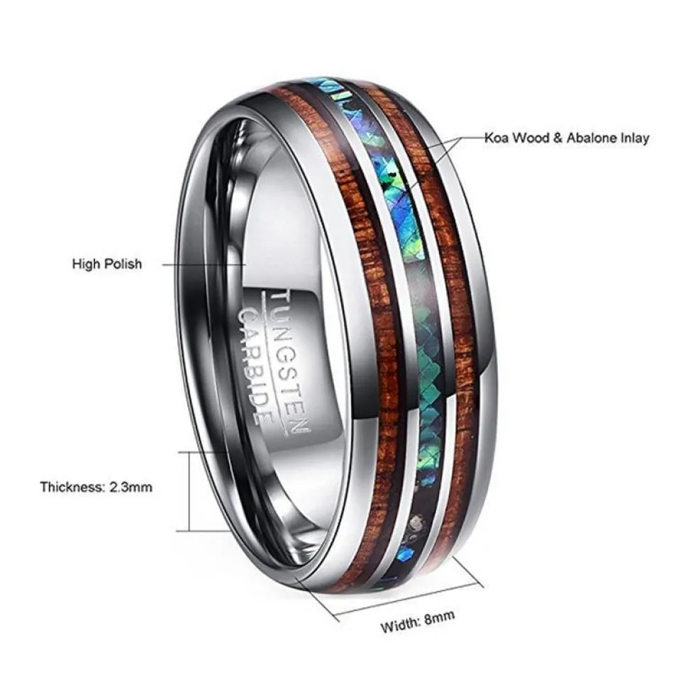 Hawaiian Koa Wood and Abalone Shell Ring with Tungsten Carbide for Men, Comfort Fit Sizes 5-14