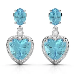 Heart Earrings and Necklace, 10K White Gold, 8CTW of Sky Blue Topaz and Diamonds