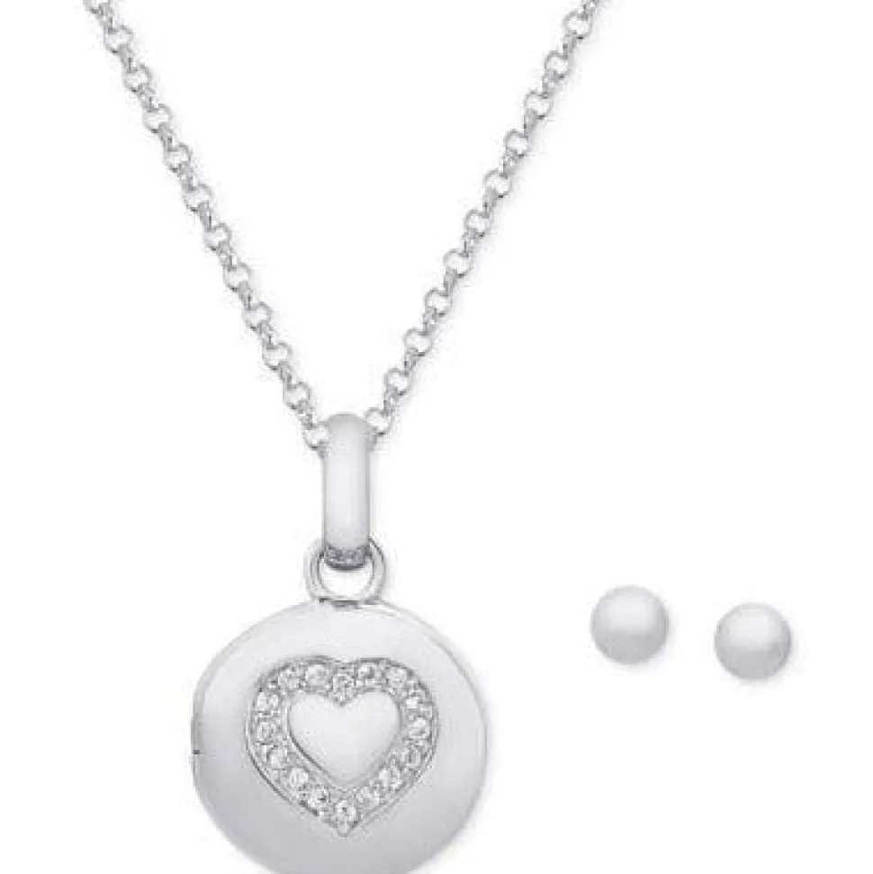 Heart Locket Girl's Sterling Silver Earring & Necklace Set