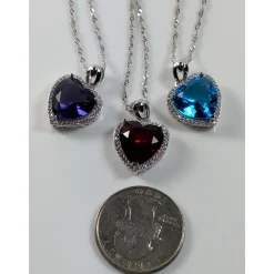 Heart Pendant in 925 Silver, Simulated Ruby, Topaz or Amethyst Crystal with CZ