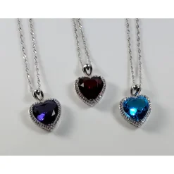 Heart Pendant in 925 Silver, Simulated Ruby, Topaz or Amethyst Crystal with CZ