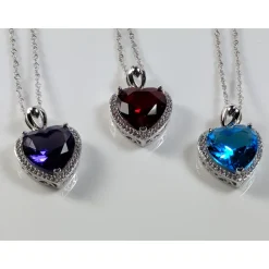 Heart Pendant in 925 Silver, Simulated Ruby, Topaz or Amethyst Crystal with CZ