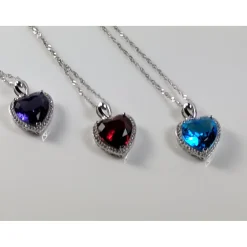 Heart Pendant in 925 Silver, Simulated Ruby, Topaz or Amethyst Crystal with CZ