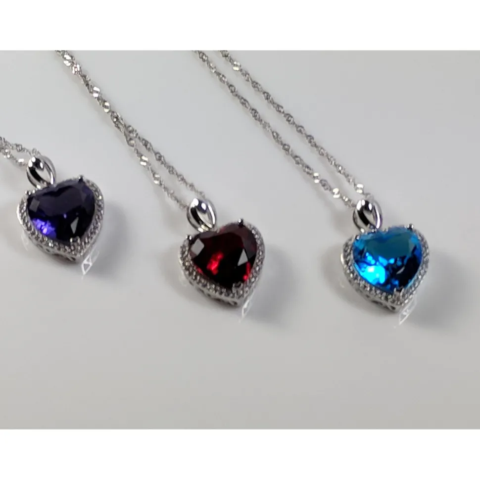 Heart Pendant in 925 Silver, Simulated Ruby, Topaz or Amethyst Crystal with CZ