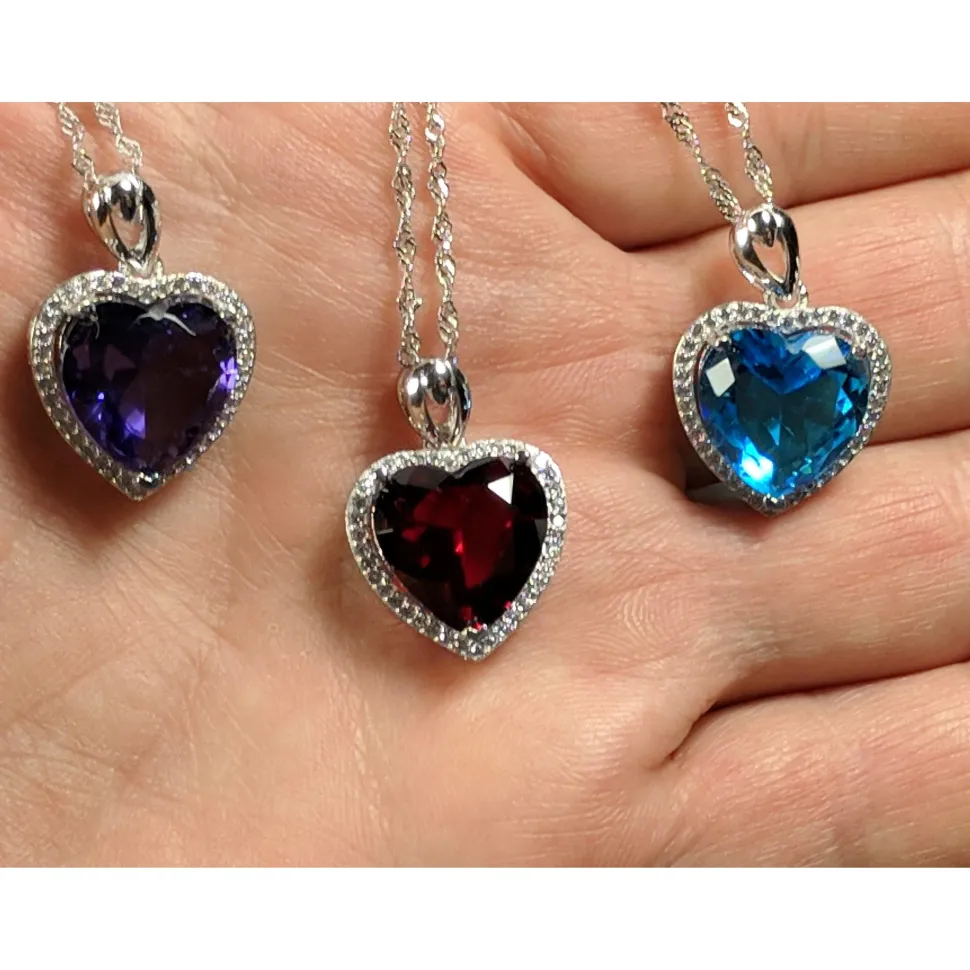 Heart Pendant in 925 Silver, Simulated Ruby, Topaz or Amethyst Crystal with CZ