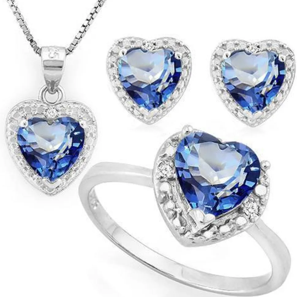 Heart Shaped Mystic Violet Topaz & REAL Diamonds in 925 Silver SET-Necklace, Earrings, Ring