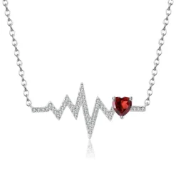 Heartbeat with Gemstone Heart Rhodium Plated Sterling Silver Necklace