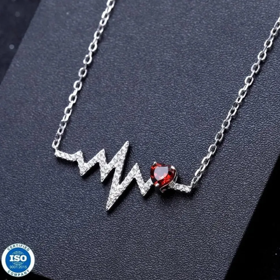 Heartbeat with Gemstone Heart Rhodium Plated Sterling Silver Necklace