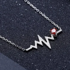 Heartbeat with Gemstone Heart Rhodium Plated Sterling Silver Necklace