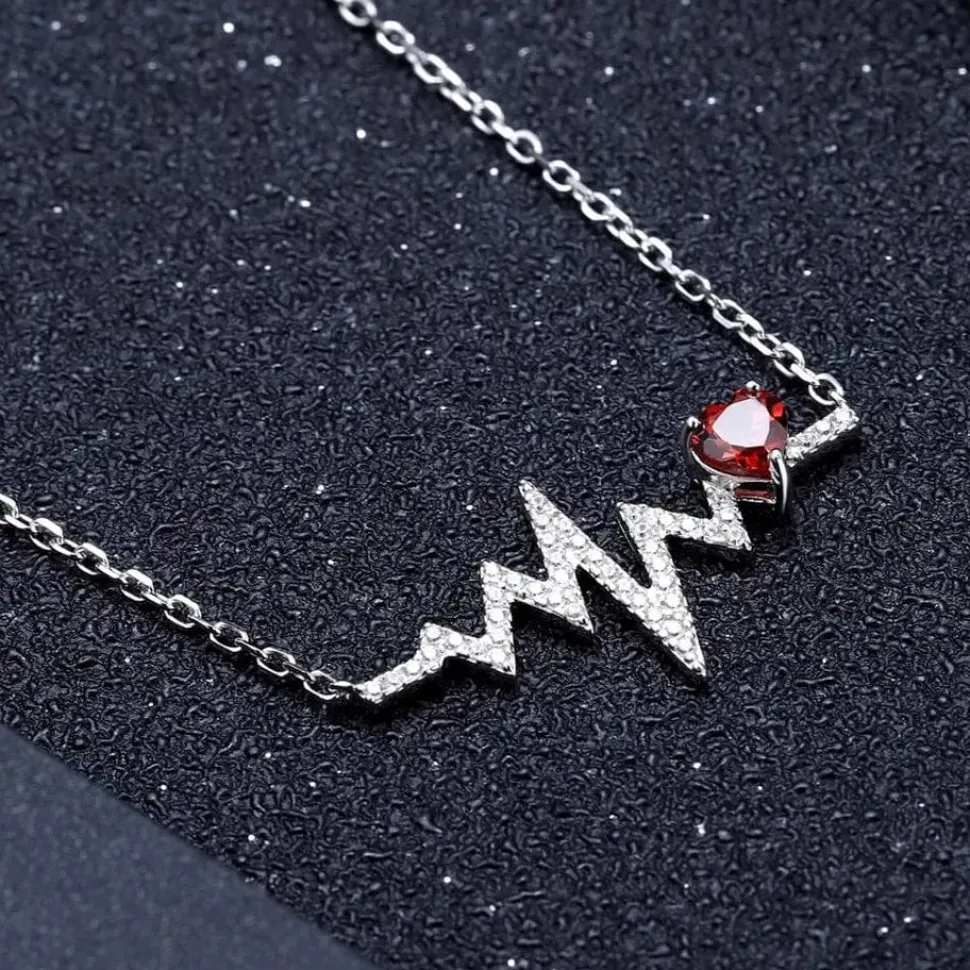 Heartbeat with Gemstone Heart Rhodium Plated Sterling Silver Necklace