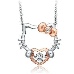 Hello Kitty Two Tone Rose & White Gold Plated Sterling Silver with Dancing Heart CZ Upgraded Box Chain 18" Adj