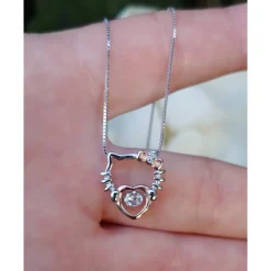 Hello Kitty Two Tone Rose & White Gold Plated Sterling Silver with Dancing Heart CZ Upgraded Box Chain 18