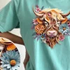 Highland Cow 3D Floral Art T-Shirt