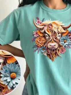 Highland Cow 3D Floral Art T-Shirt