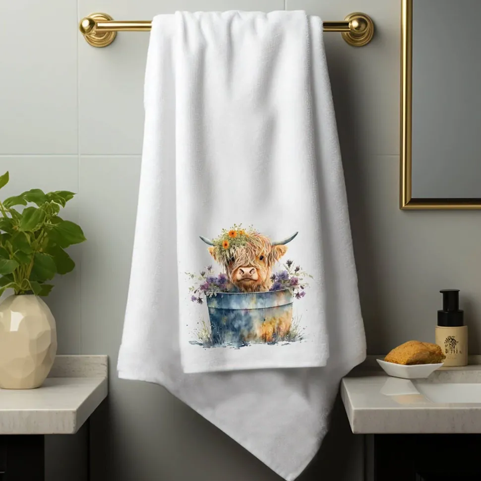 Highland Cow Floral Washtub Terry Cloth Bath Towels for the Cow Lovers!