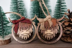 Highland Cow Ornament - Mooooey Christmas Cow Ornament - Wooden Farmhouse Ornament