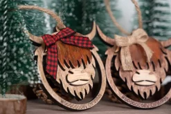 Highland Cow Ornament - Mooooey Christmas Cow Ornament - Wooden Farmhouse Ornament