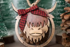 Highland Cow Ornament - Mooooey Christmas Cow Ornament - Wooden Farmhouse Ornament