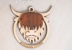 Highland Cow Ornament - Mooooey Christmas Cow Ornament - Wooden Farmhouse Ornament