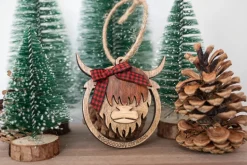 Highland Cow Ornament - Mooooey Christmas Cow Ornament - Wooden Farmhouse Ornament