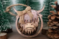 Highland Cow Ornament - Mooooey Christmas Cow Ornament - Wooden Farmhouse Ornament