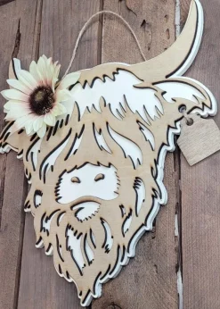 Highland Cow Sign Handmade Layered Wood with Flower