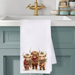 Highland Cow Trio Holiday Waffle Knit Ranch Farmhouse Kitchen Towel