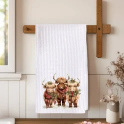 Highland Cow Trio Holiday Waffle Knit Ranch Farmhouse Kitchen Towel