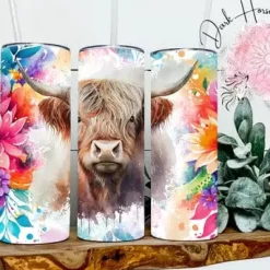 Highland Cow Tumbler Colorful Floral