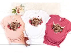 Highland Cow with Hearts and Checks Tshirt Cow Lovers