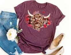 Highland Cow with Hearts and Checks Tshirt Cow Lovers