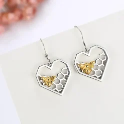 Honey Bee Heart Comb Earrings 925 Sterling SIlver for Bee Lovers