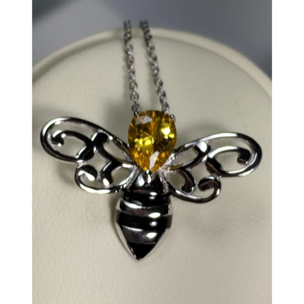 Honey Bee Pendant with Sparkling Yellow CZ Head in 925 Silver