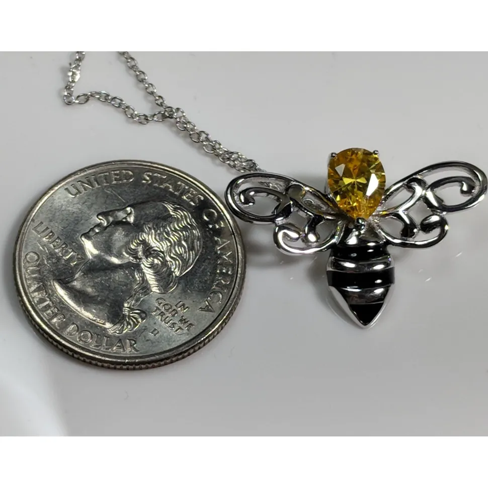 Honey Bee Pendant with Sparkling Yellow CZ Head in 925 Silver