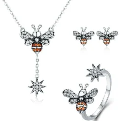Honey Bee With a Star Jewelry SET : Ring, Necklace, Earrings